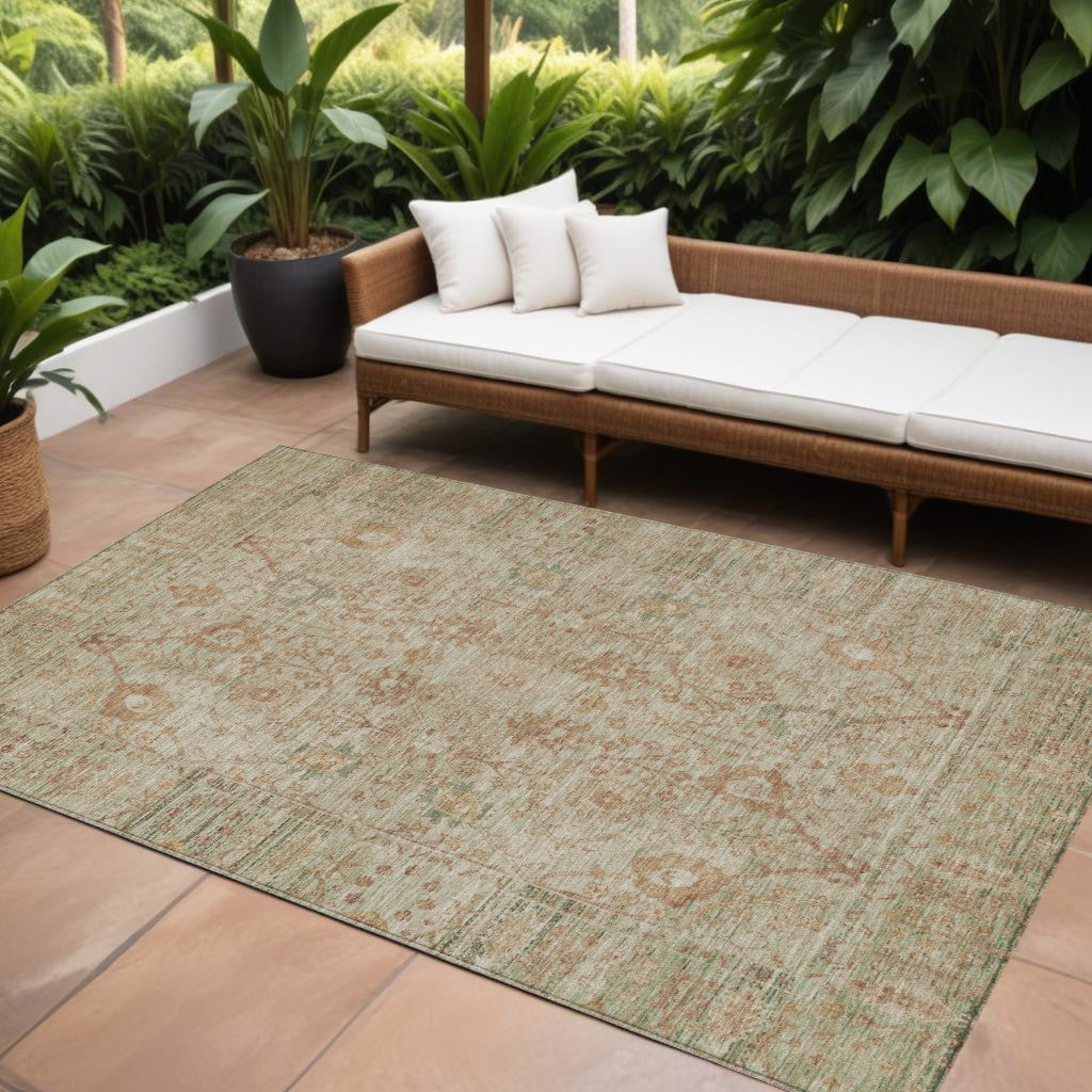 10' X 14' Beige Brown And Green Oriental Washable Indoor Outdoor Area Rug