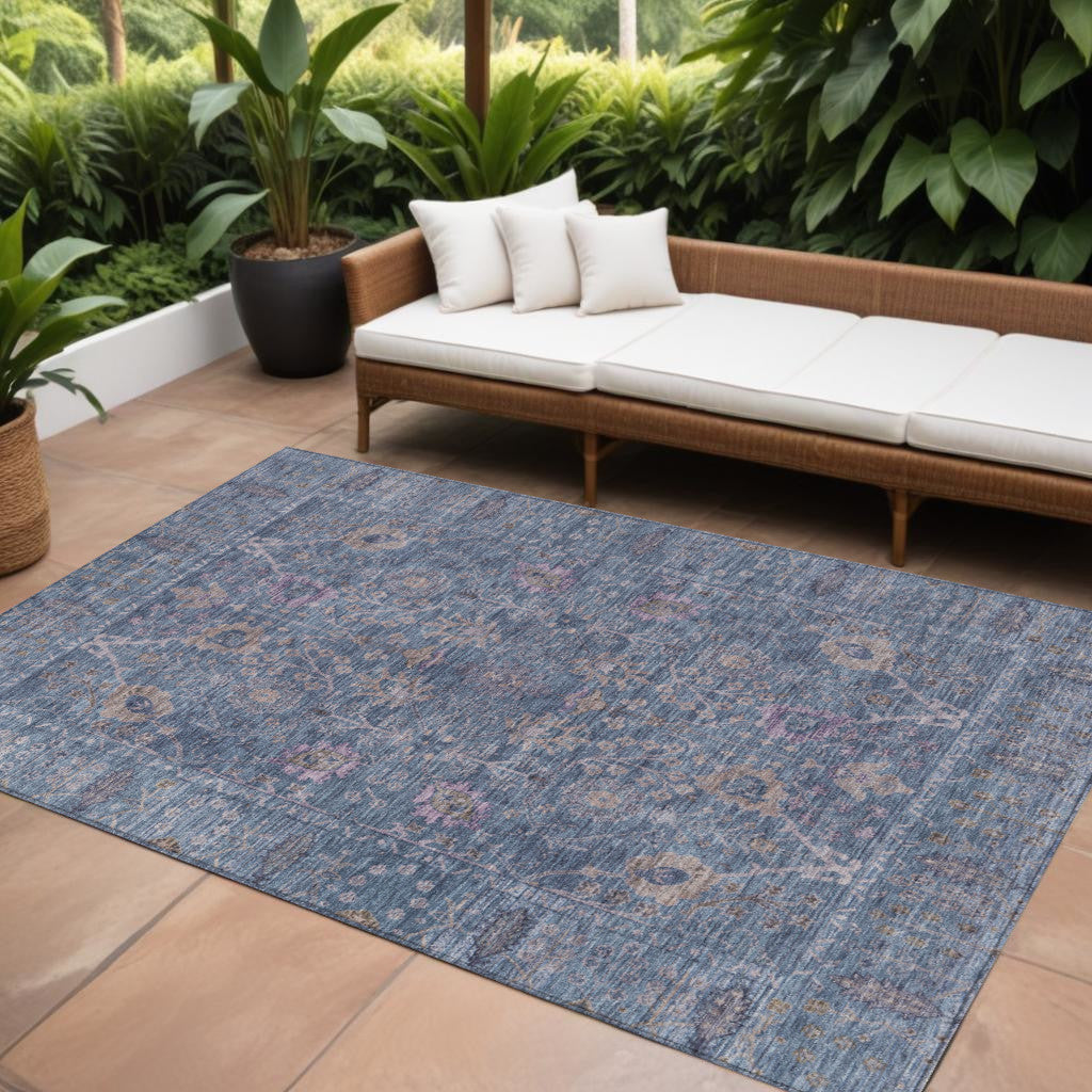 10' X 14' Blue Brown And Purple Oriental Washable Indoor Outdoor Area Rug