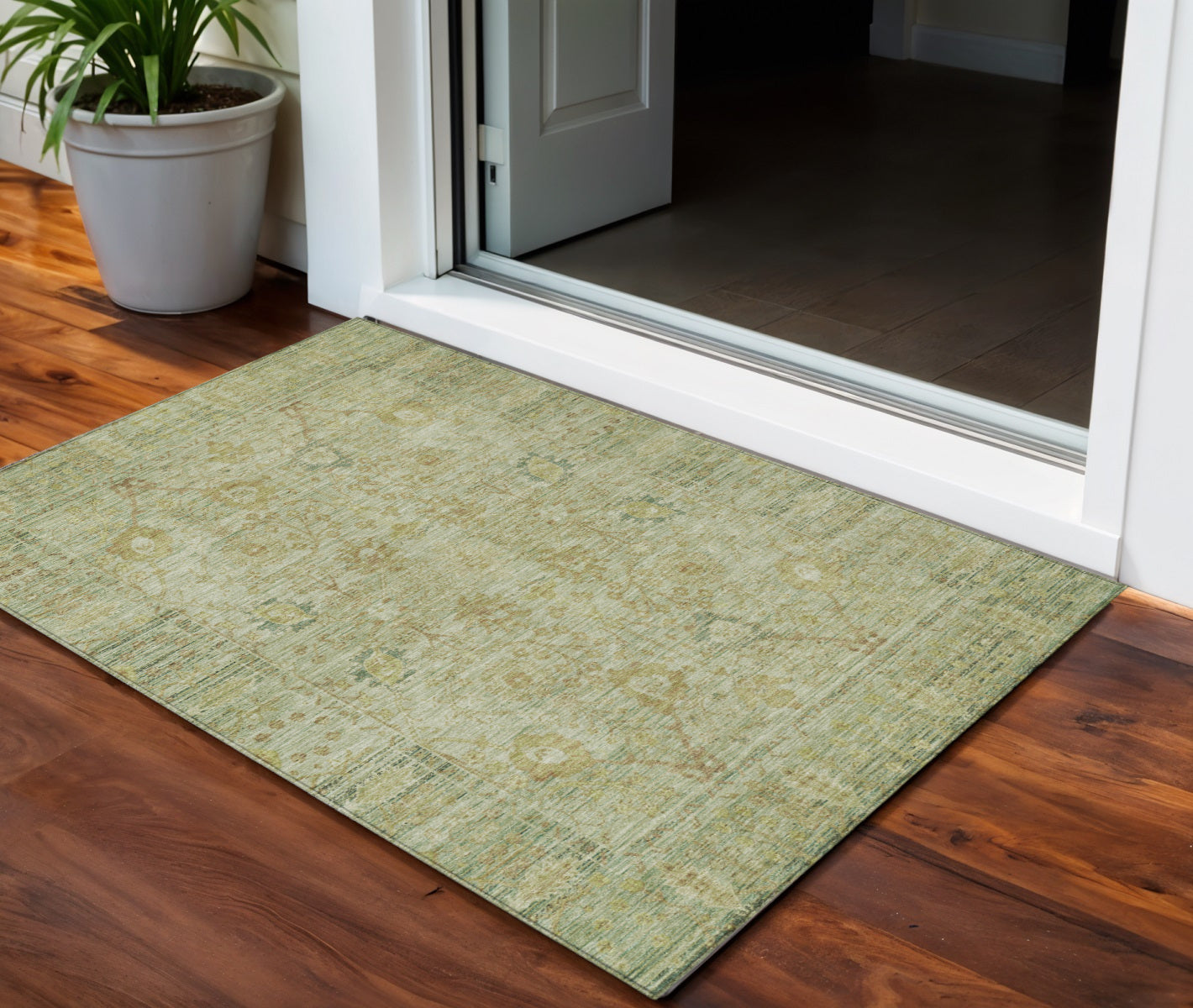 3' X 5' Sage Green And Brown Oriental Washable Indoor Outdoor Area Rug