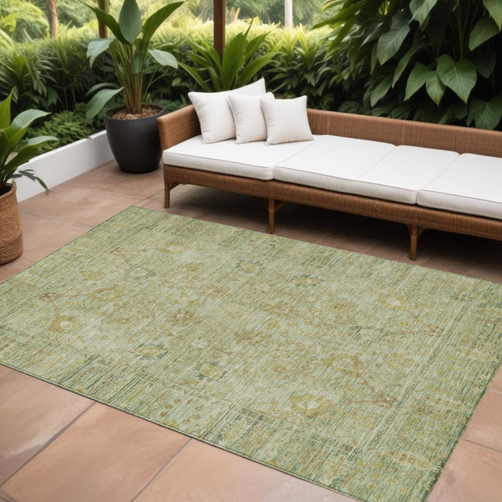 9' X 12' Sage Green And Brown Oriental Washable Indoor Outdoor Area Rug