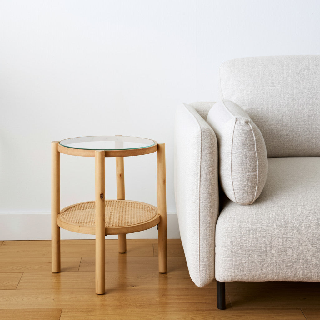 24'' Clear and Light Brown Glass and Solid Wood Round End Table With Shelf