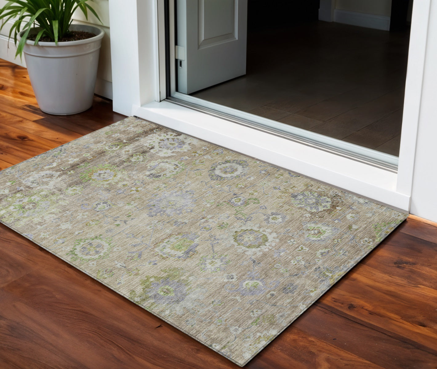 3' X 5' Beige Gray And Green Floral Washable Indoor Outdoor Area Rug