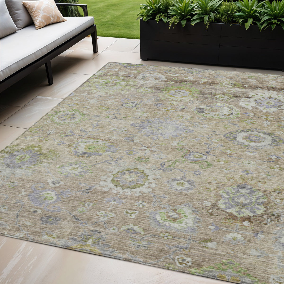 5' X 8' Beige Gray And Green Floral Washable Indoor Outdoor Area Rug