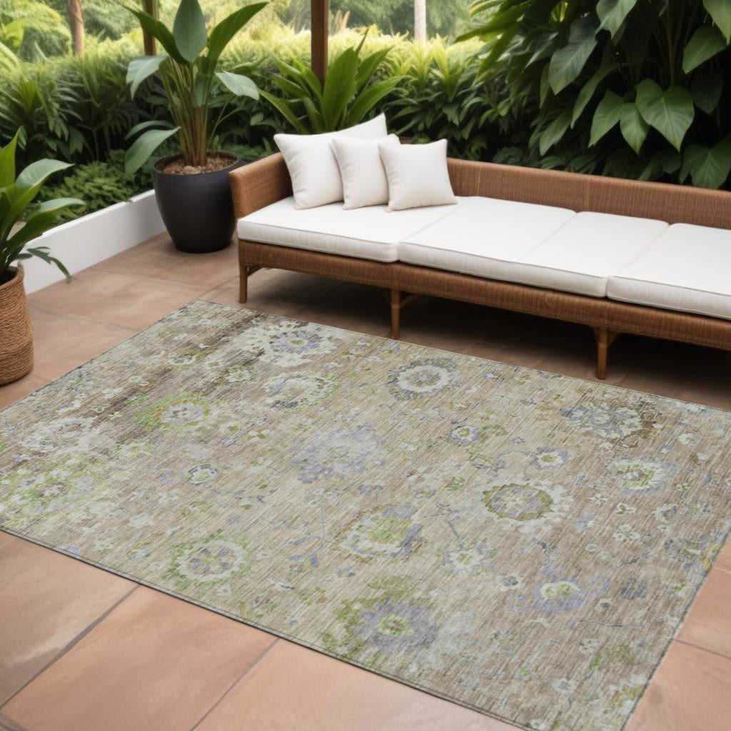 8' X 10' Beige Gray And Green Floral Washable Indoor Outdoor Area Rug