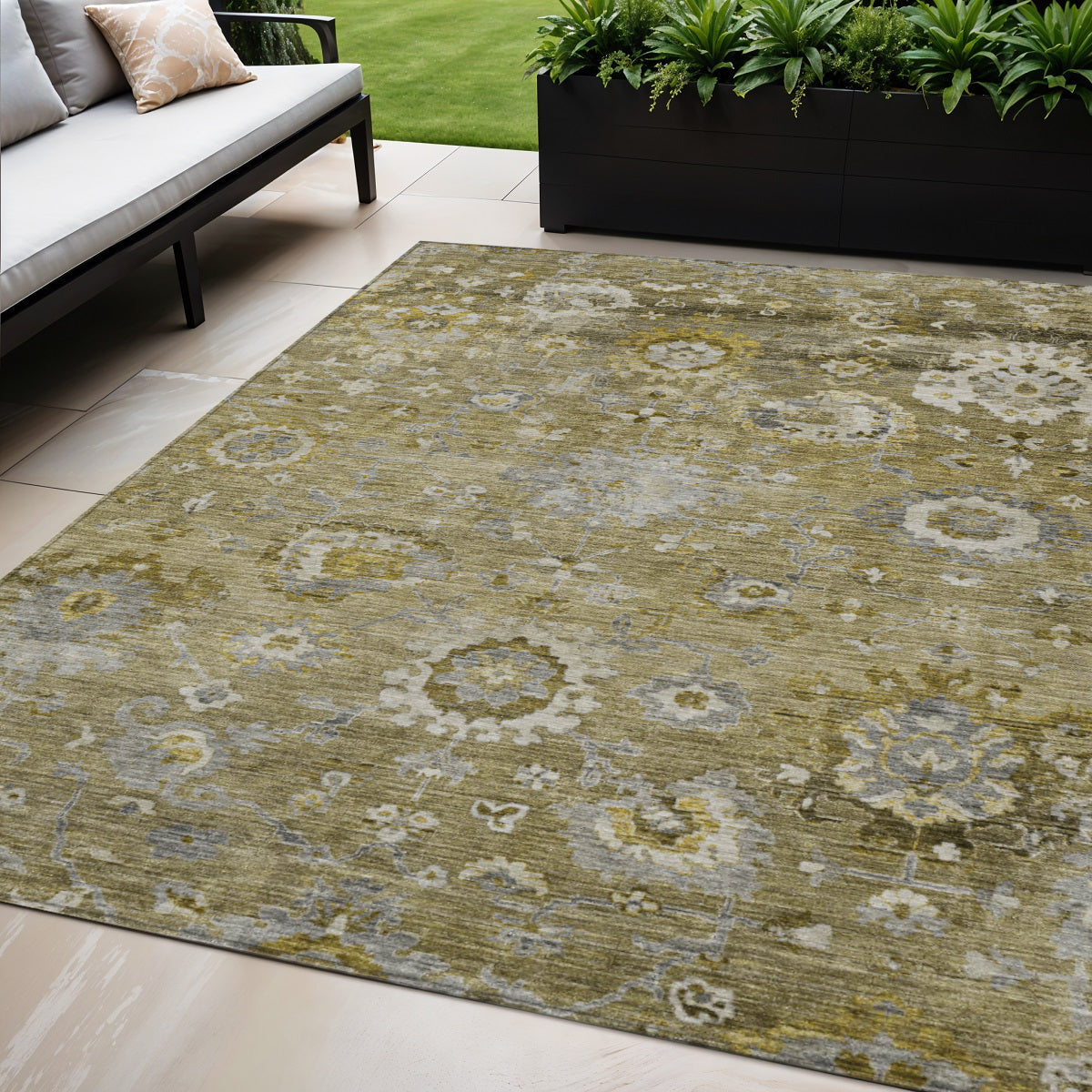 5' X 8' Brown Green And Gray Floral Washable Indoor Outdoor Area Rug
