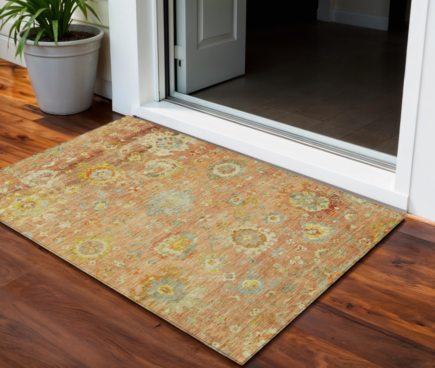 3' X 5' Coral Blue And Green Floral Washable Indoor Outdoor Area Rug