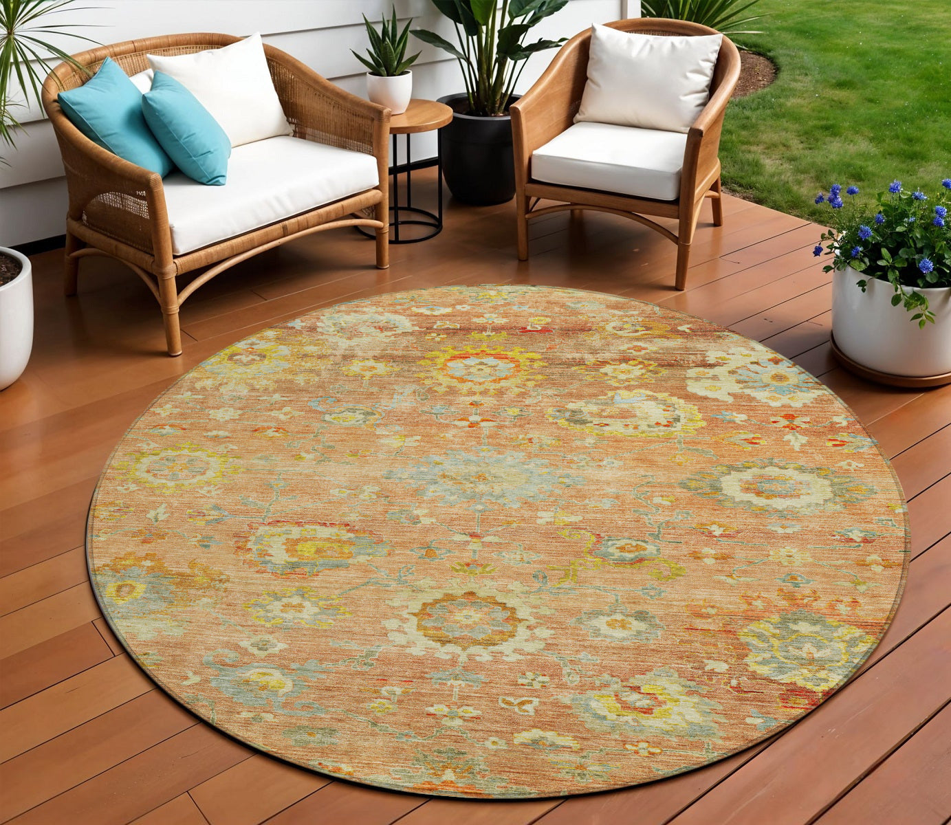 8' Coral Blue And Green Round Floral Washable Indoor Outdoor Area Rug