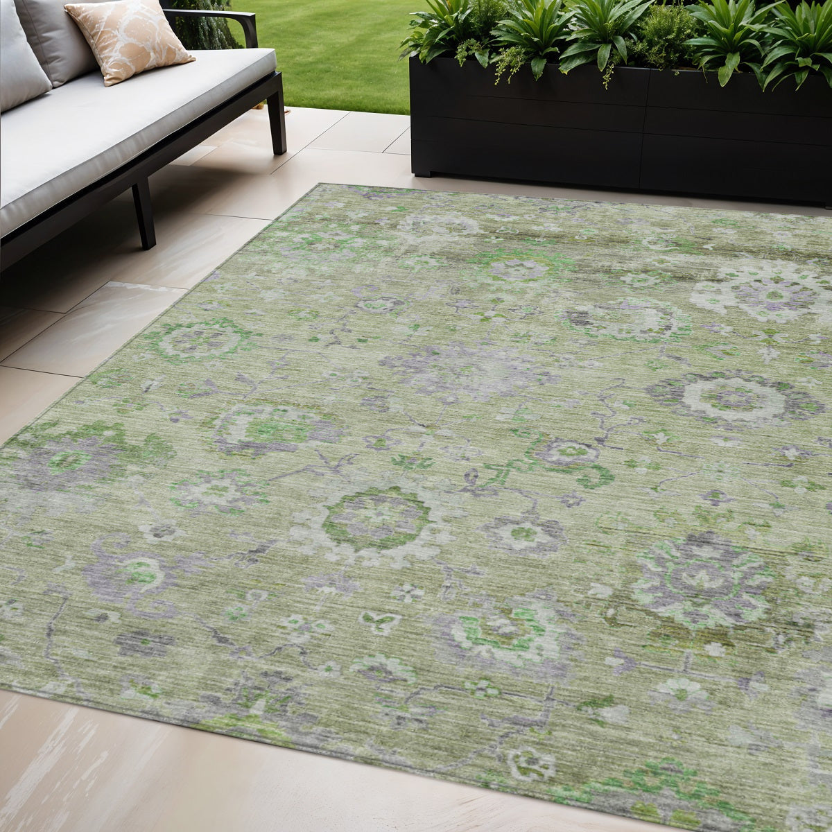 5' X 8' Mint Green And Gray Floral Washable Indoor Outdoor Area Rug