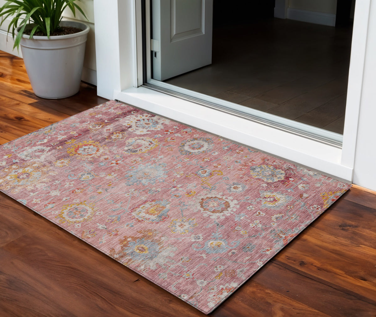3' X 5' Pink Gray And Gold Floral Washable Indoor Outdoor Area Rug