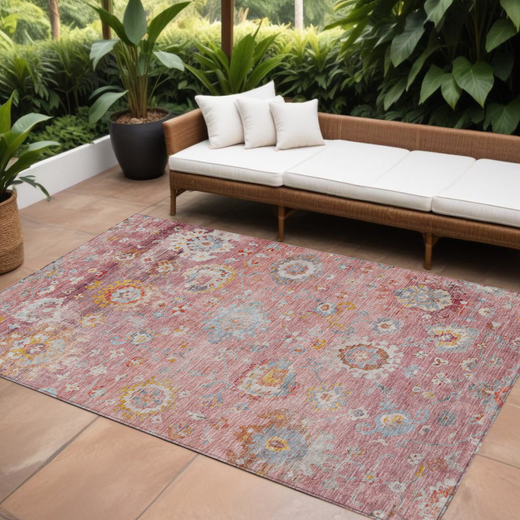 10' X 14' Pink Gray And Gold Floral Washable Indoor Outdoor Area Rug