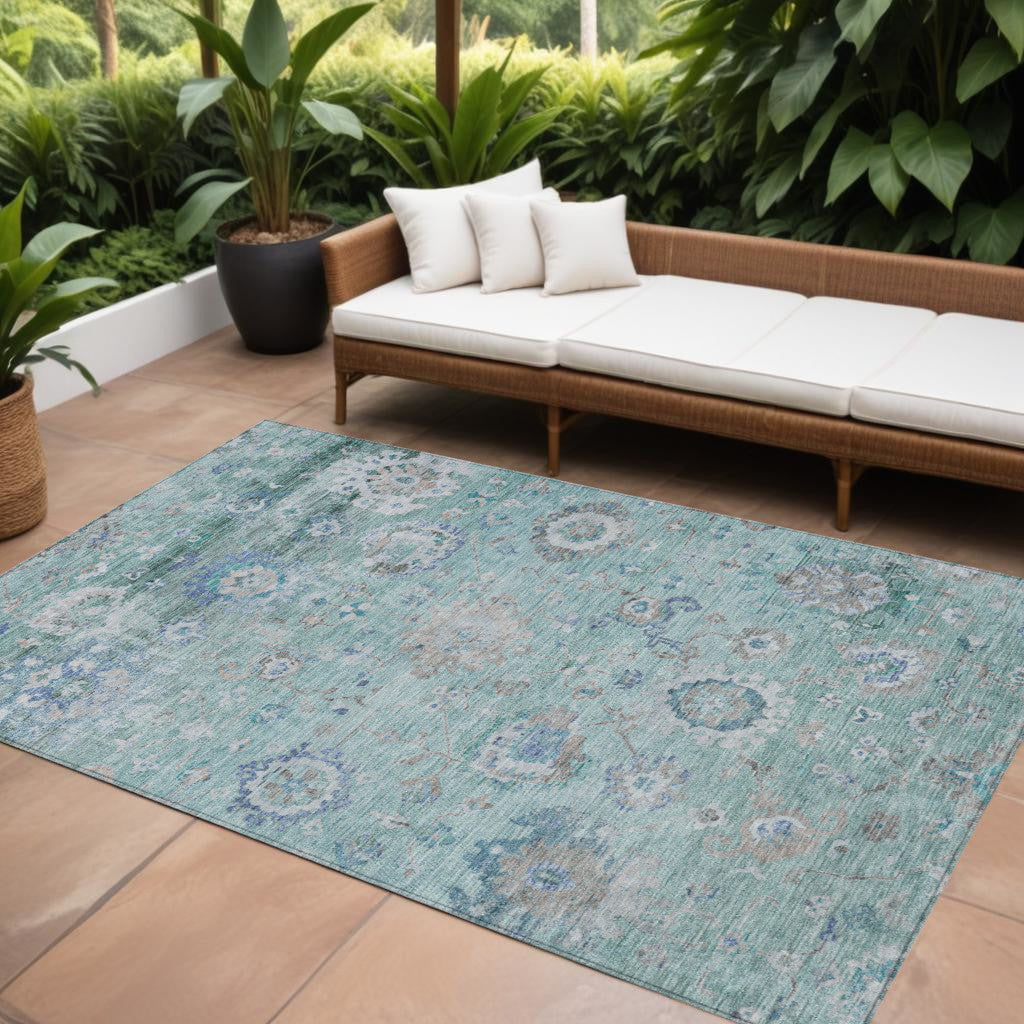 10' X 14' Blue And Gray Floral Washable Indoor Outdoor Area Rug