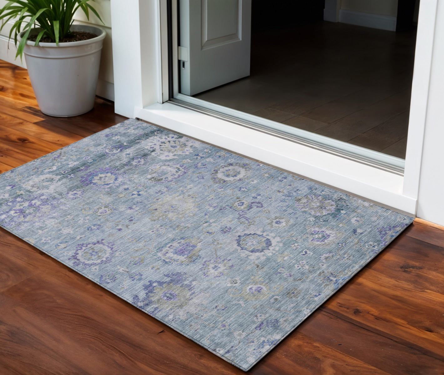 3' X 5' Sky Blue Purple And Gray Floral Washable Indoor Outdoor Area Rug