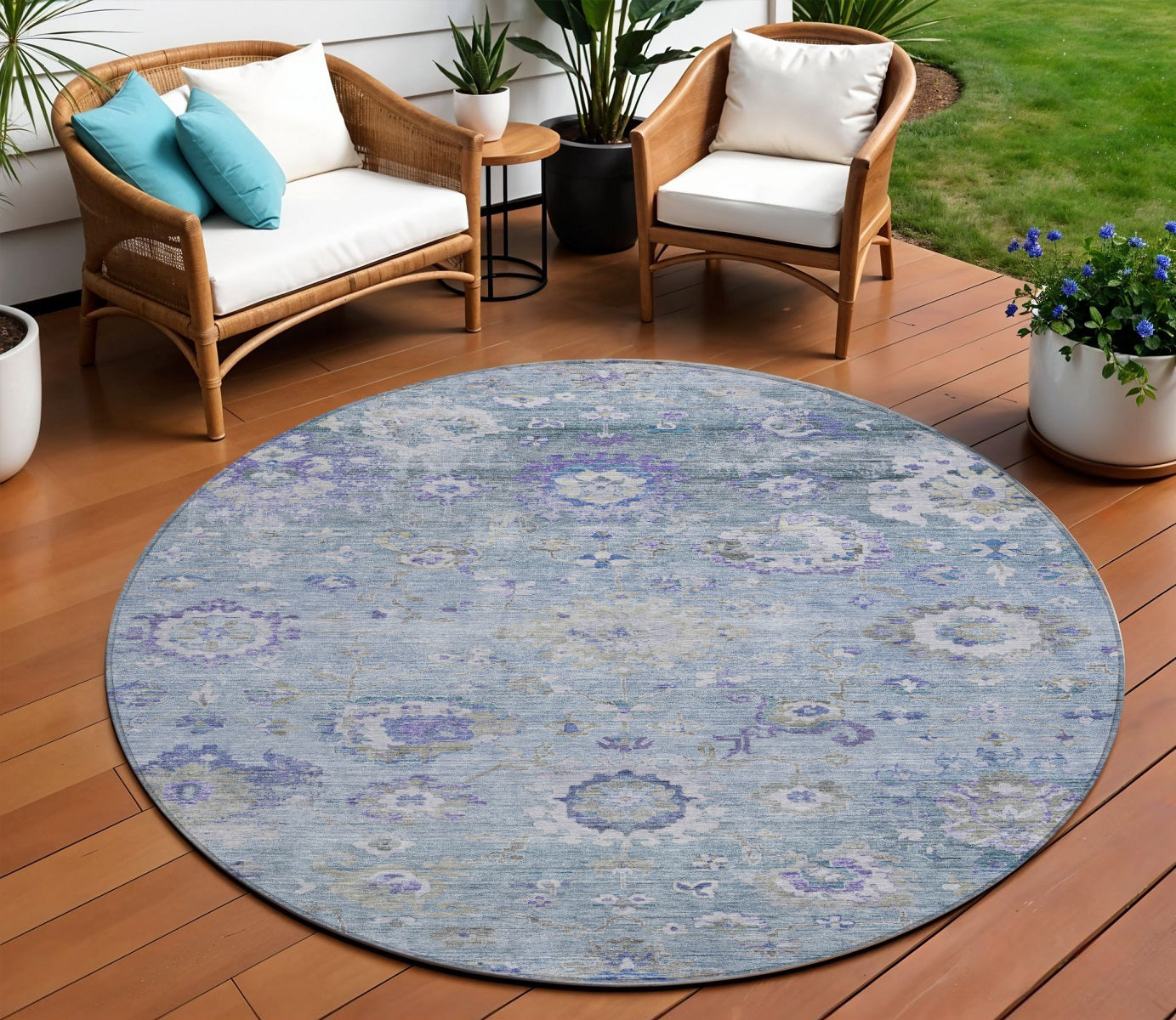8' Sky Blue Purple And Gray Round Floral Washable Indoor Outdoor Area Rug