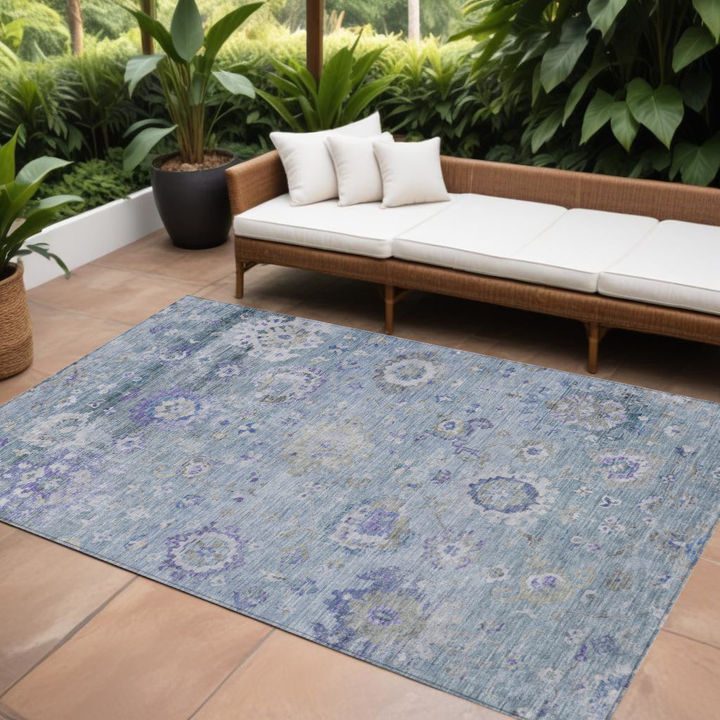 9' X 12' Sky Blue Purple And Gray Floral Washable Indoor Outdoor Area Rug