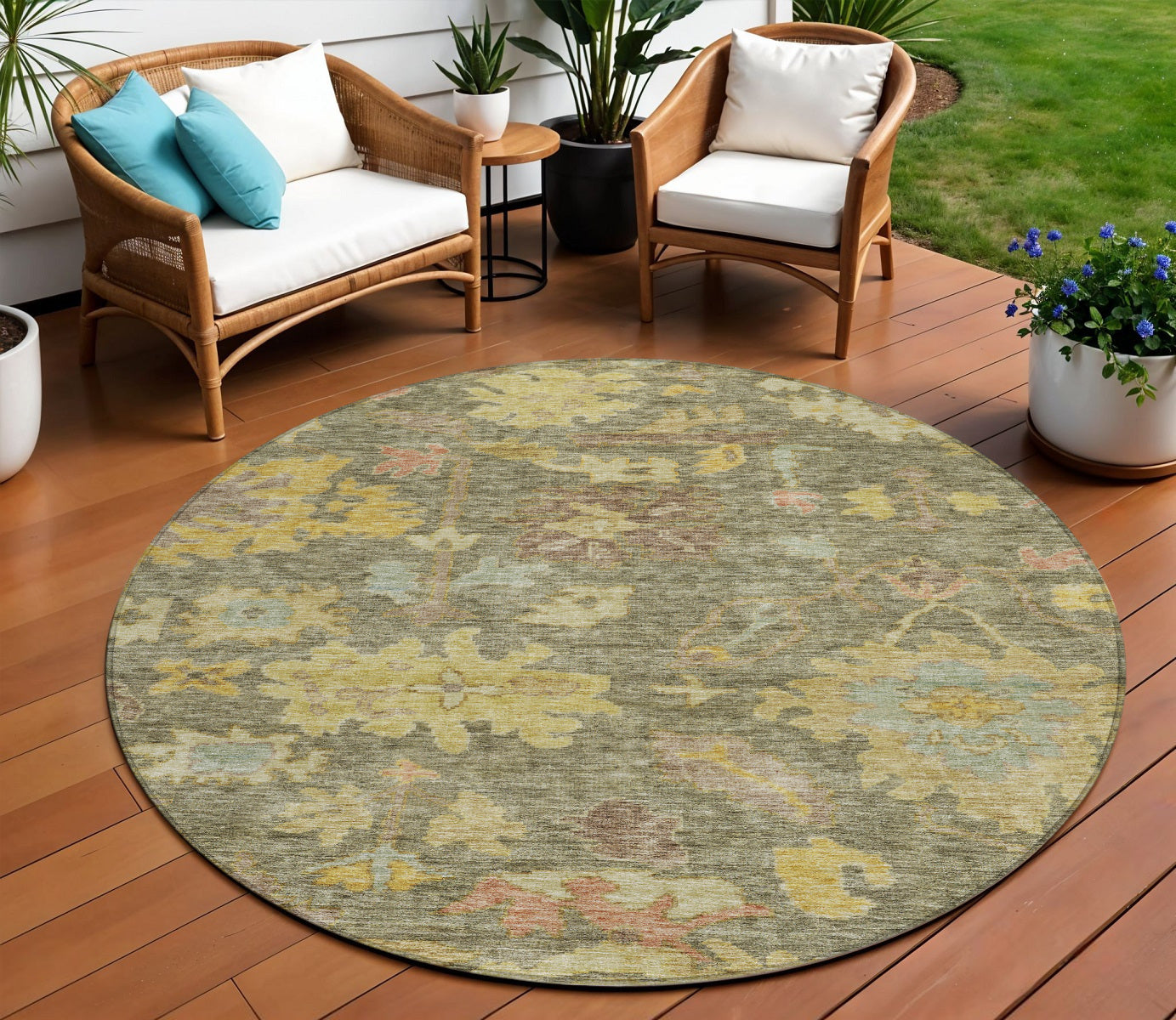 8' Artichoke Green Coral And Brown Round Floral Washable Indoor Outdoor Area Rug