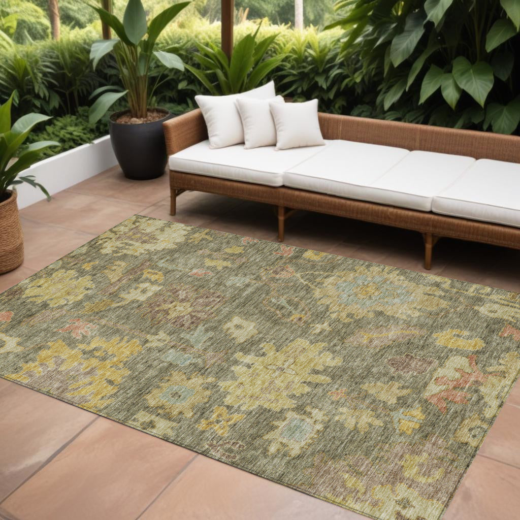 10' X 14' Artichoke Green Coral And Brown Floral Washable Indoor Outdoor Area Rug