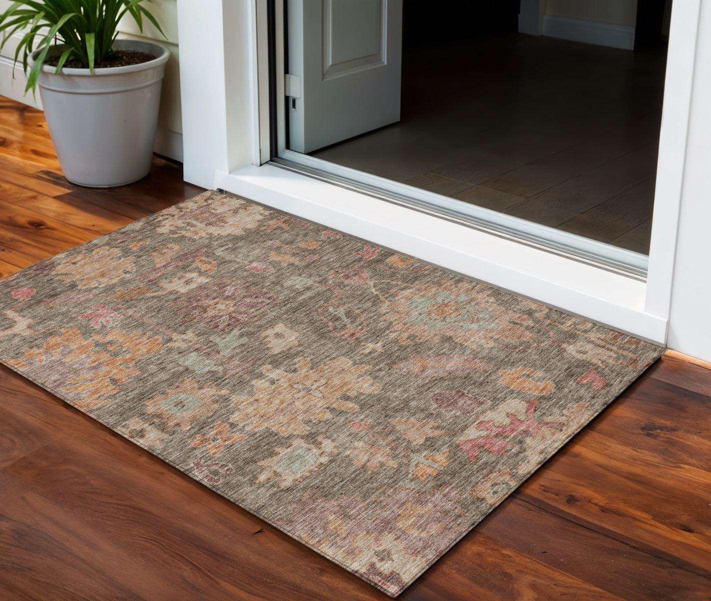3' X 5' Brown Tan And Terra Cotta Floral Washable Indoor Outdoor Area Rug