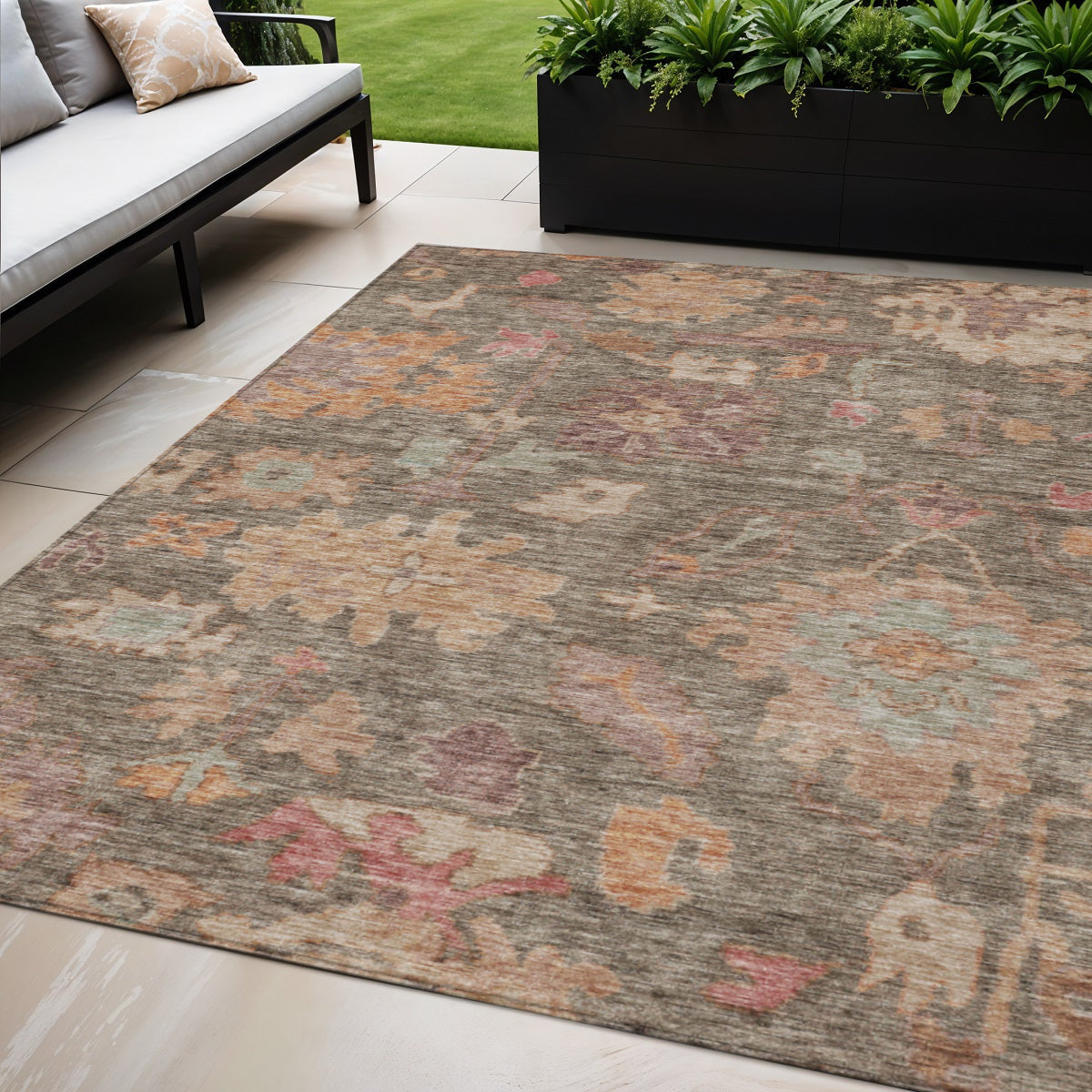 5' X 8' Brown Tan And Terra Cotta Floral Washable Indoor Outdoor Area Rug