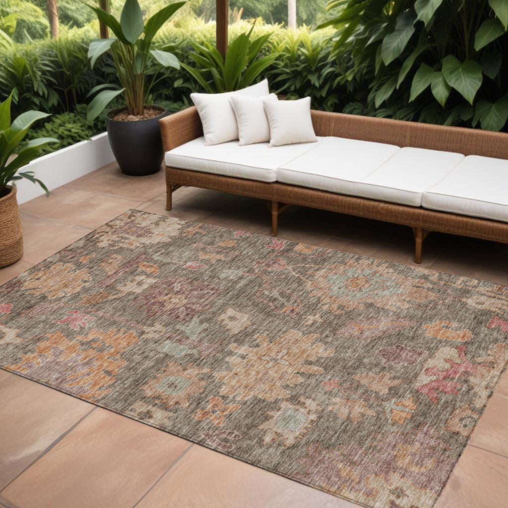 9' X 12' Brown Tan And Terra Cotta Floral Washable Indoor Outdoor Area Rug