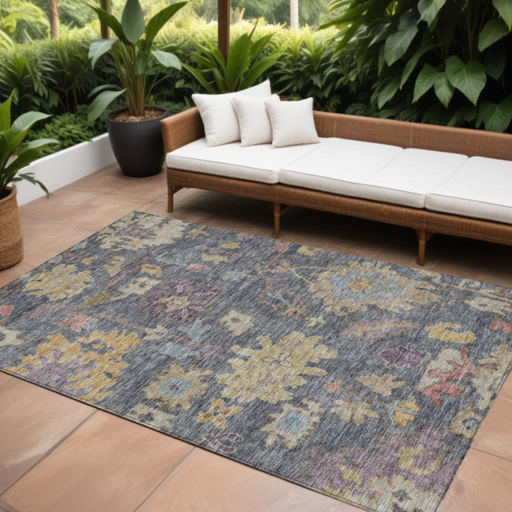 8' X 10' Blue Charcoal And Gold Floral Washable Indoor Outdoor Area Rug