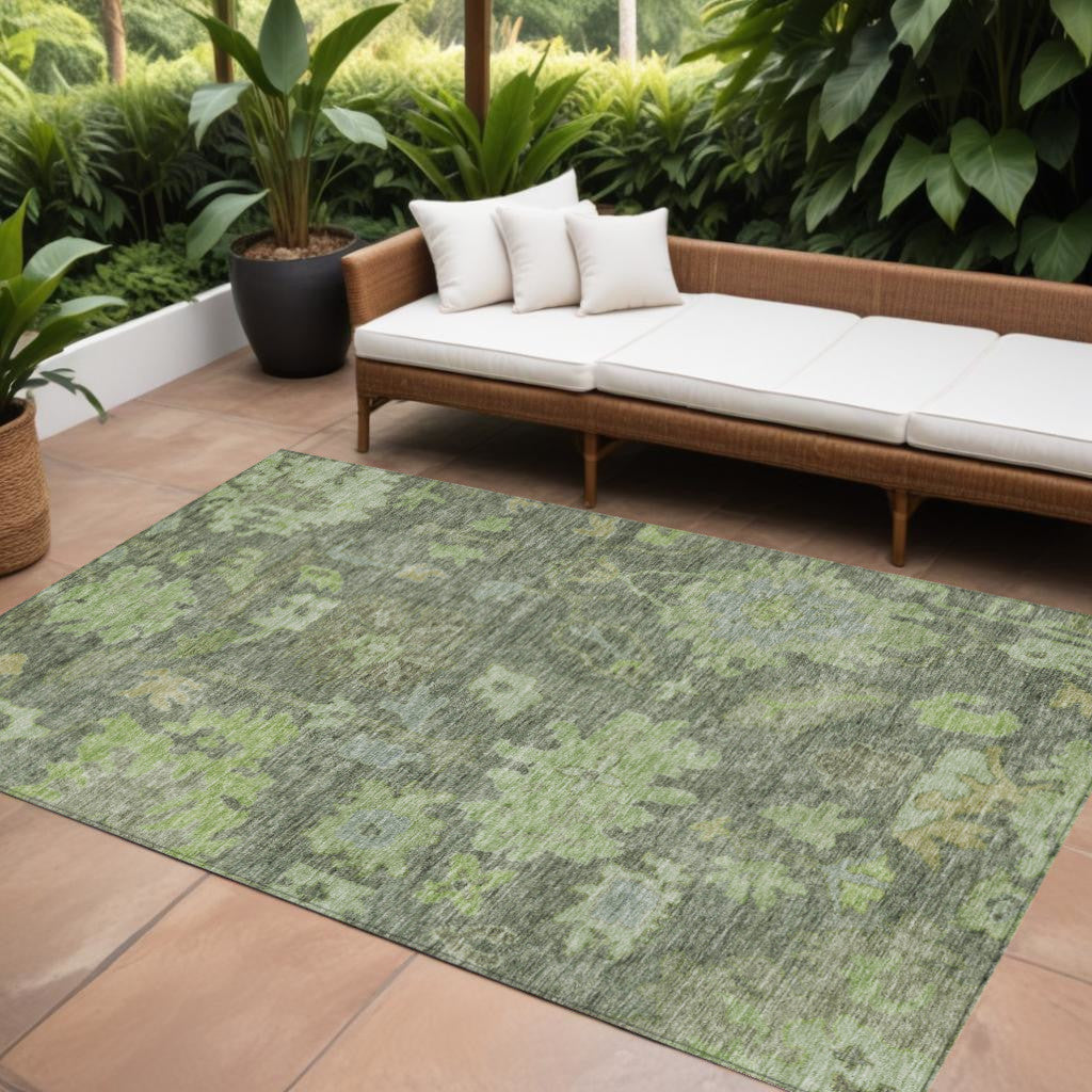 9' X 12' Fern Green And Olive Green Floral Washable Indoor Outdoor Area Rug