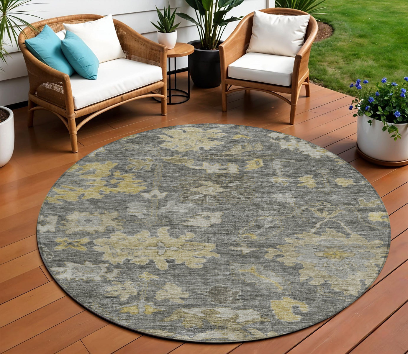 8' Gray And Charcoal Round Floral Washable Indoor Outdoor Area Rug