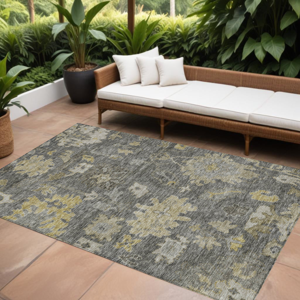 9' X 12' Gray And Charcoal Floral Washable Indoor Outdoor Area Rug