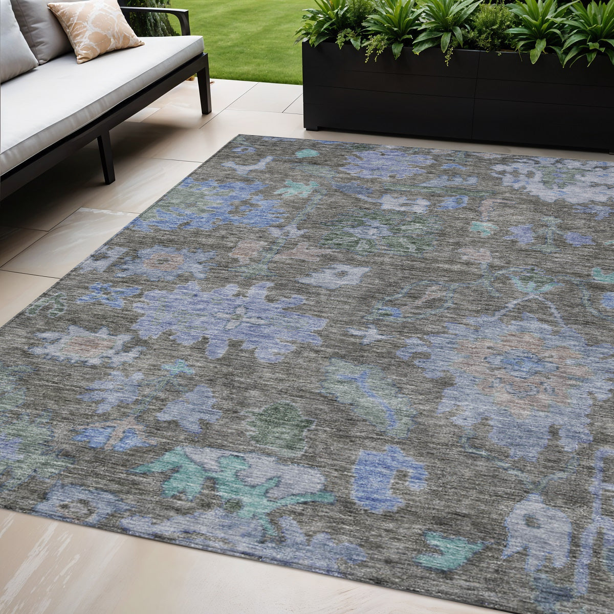 5' X 8' Taupe Green And Blue Floral Washable Indoor Outdoor Area Rug