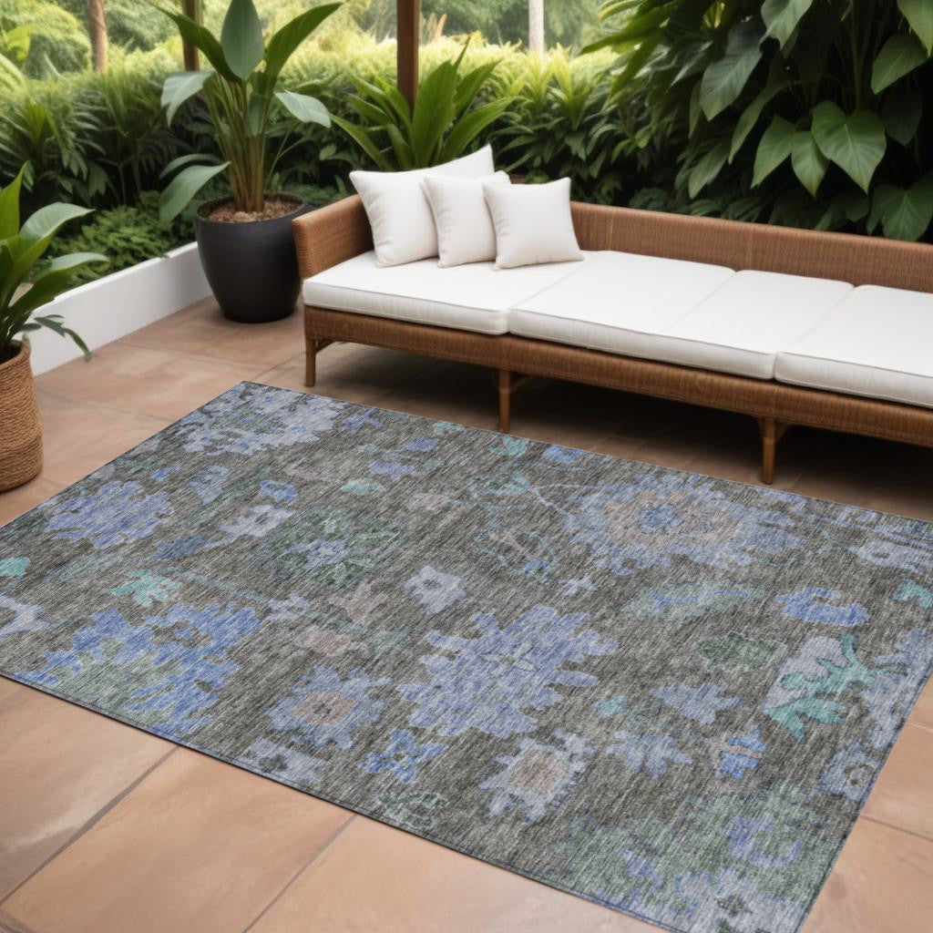 9' X 12' Taupe Green And Blue Floral Washable Indoor Outdoor Area Rug