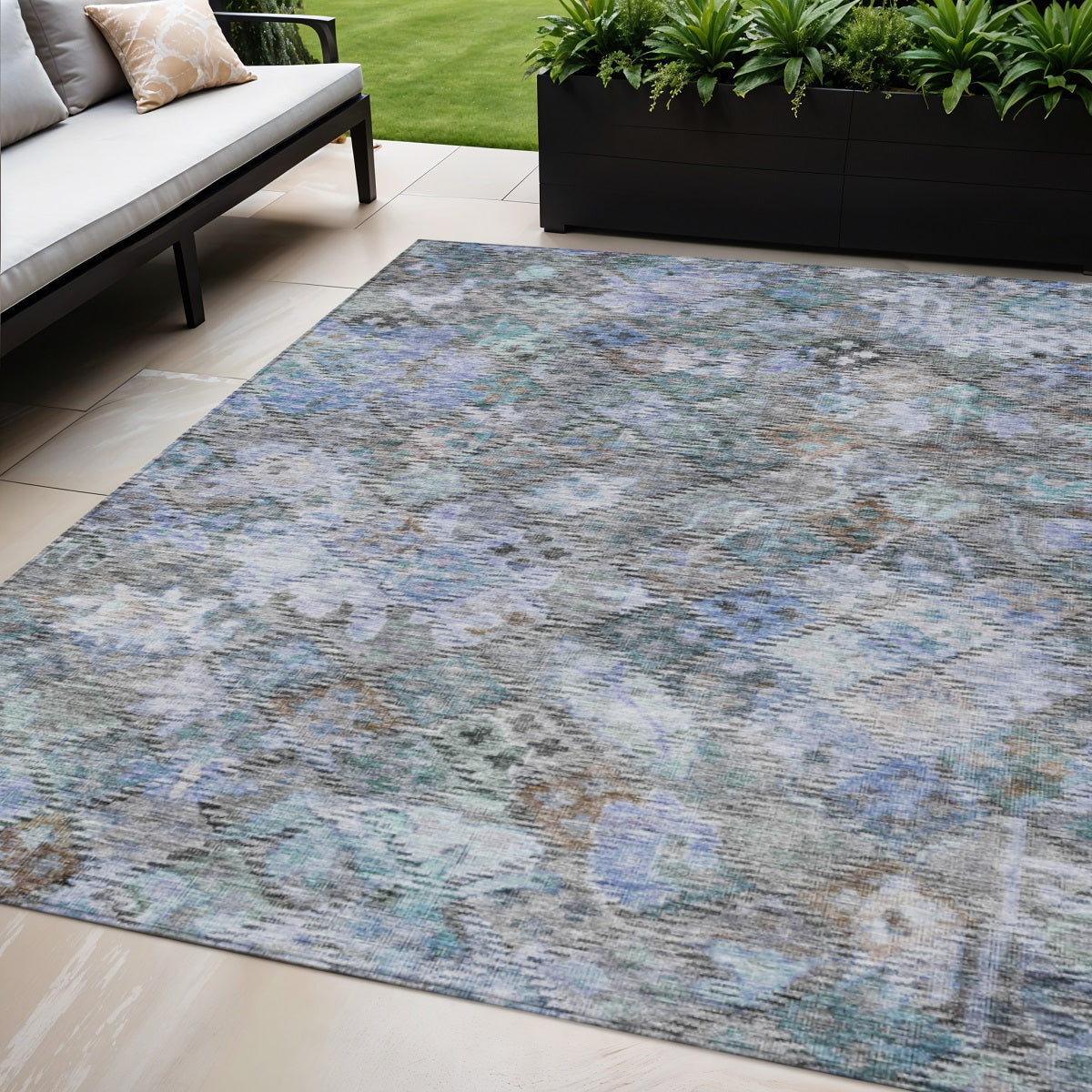 5' X 8' Blue Gray And Brown Floral Washable Indoor Outdoor Area Rug