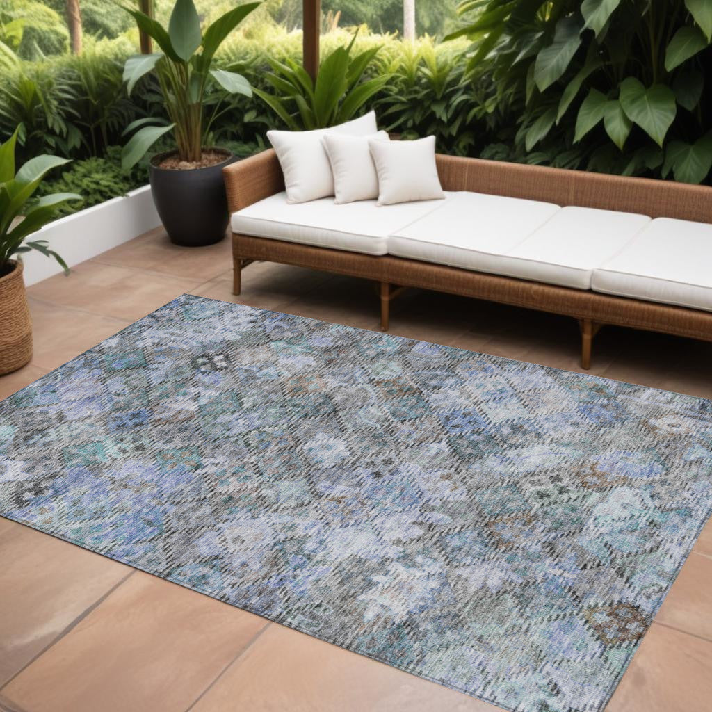 9' X 12' Blue Gray And Brown Floral Washable Indoor Outdoor Area Rug