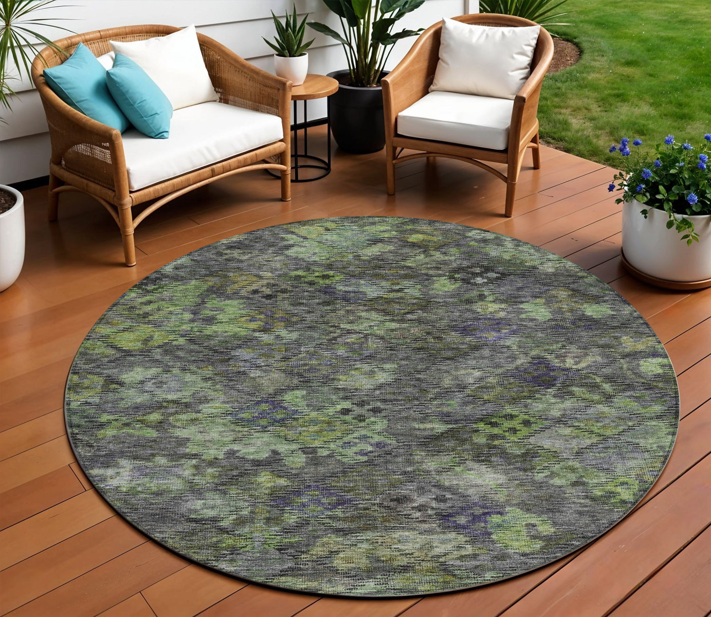 8' Green Charcoal And Black Round Floral Washable Indoor Outdoor Area Rug
