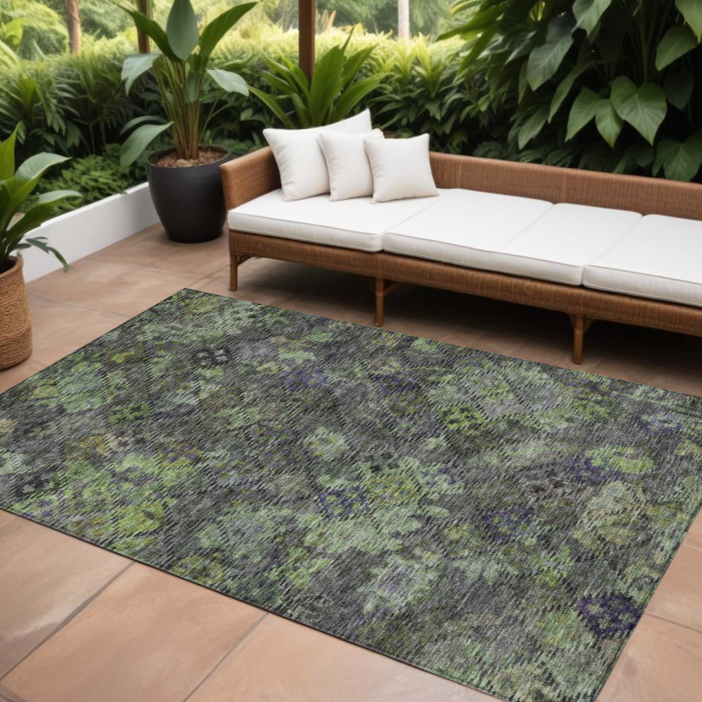 10' X 14' Green Charcoal And Black Floral Washable Indoor Outdoor Area Rug