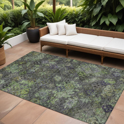 10' X 14' Green Charcoal And Black Floral Washable Indoor Outdoor Area Rug