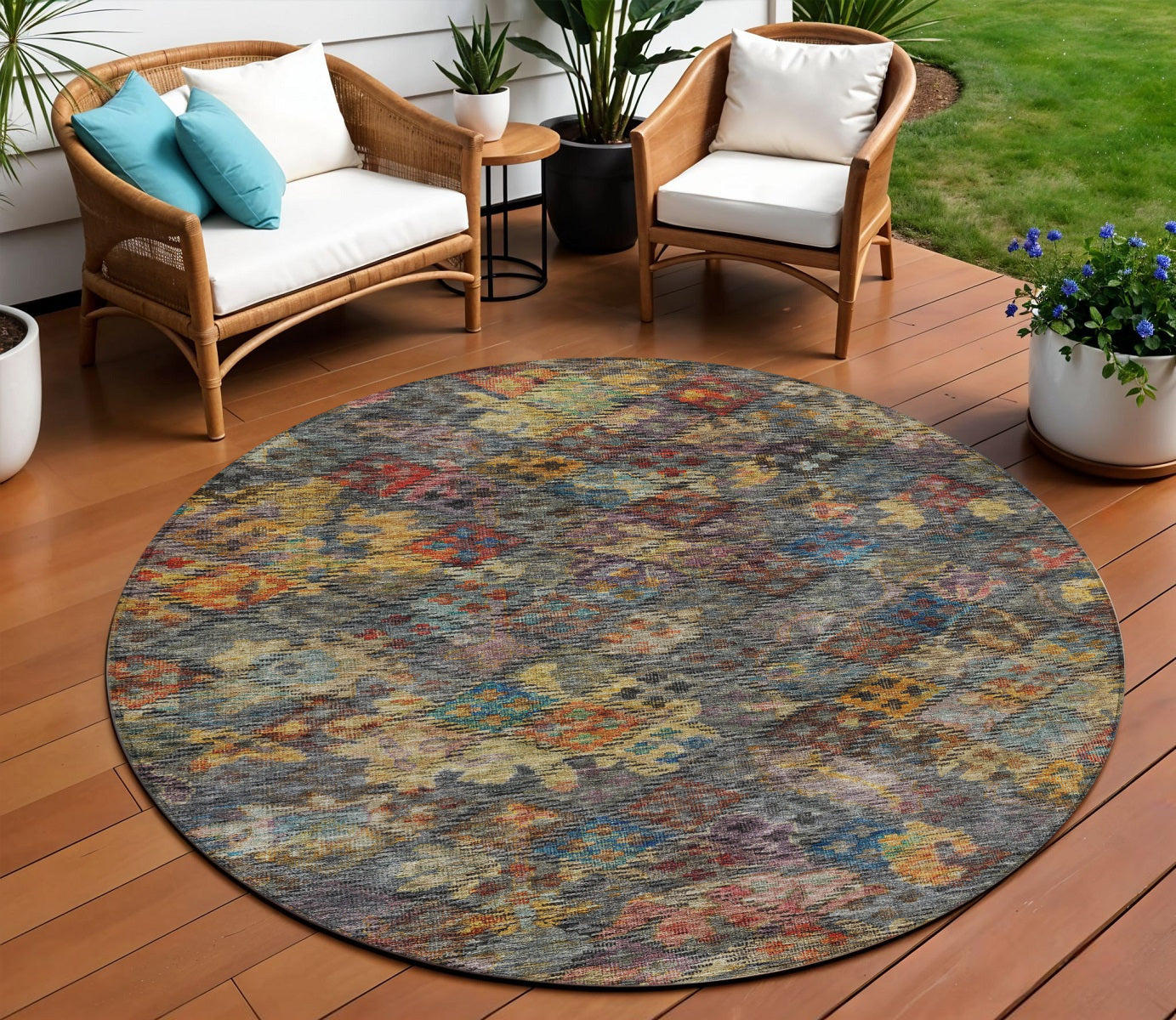 8' Gray Green And Terra Cotta Round Floral Washable Indoor Outdoor Area Rug