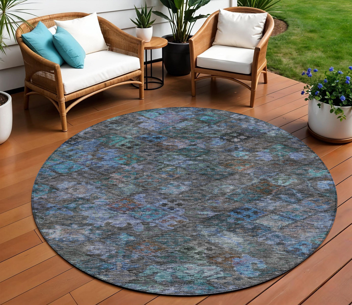 8' Teal Blue And Charcoal Round Floral Washable Indoor Outdoor Area Rug