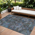 8' X 10' Teal Blue And Charcoal Floral Washable Indoor Outdoor Area Rug