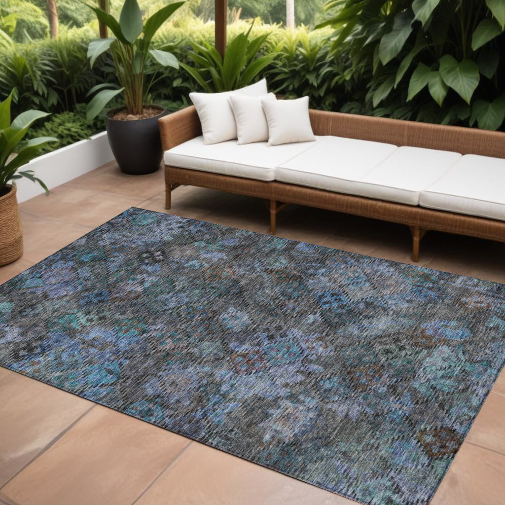 9' X 12' Teal Blue And Charcoal Floral Washable Indoor Outdoor Area Rug