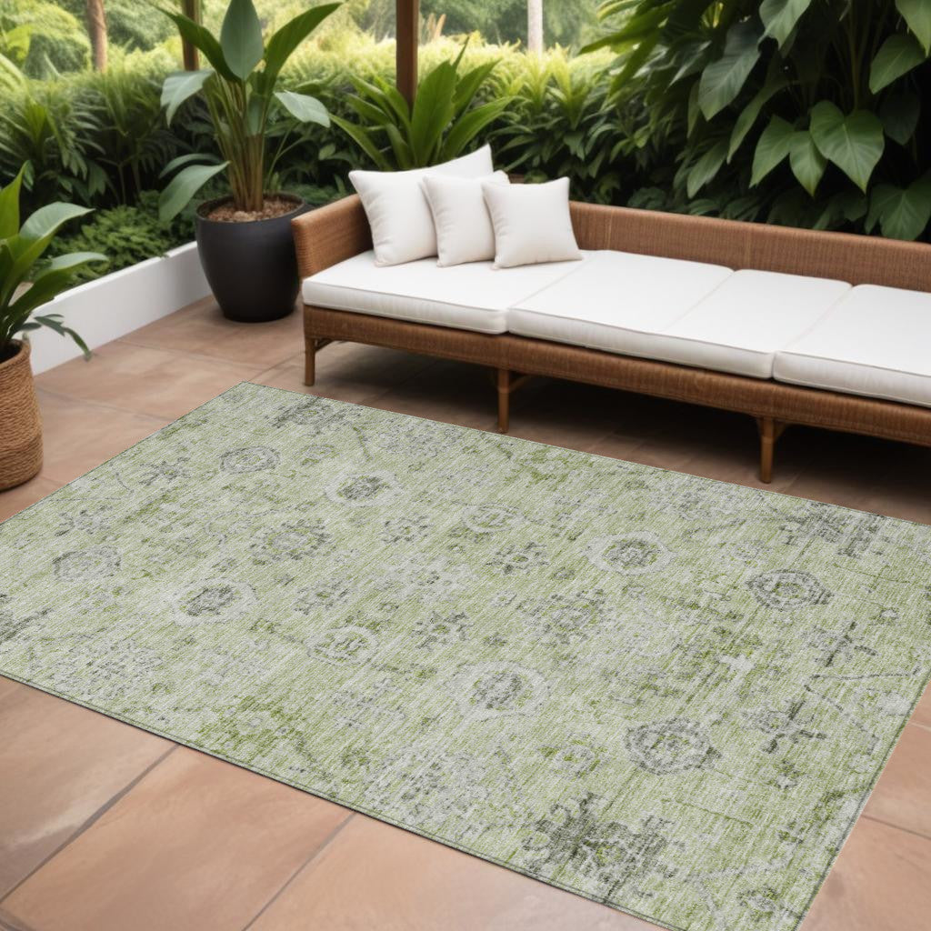 10' X 14' Artichoke Green Beige And Gray Damask Washable Indoor Outdoor Area Rug