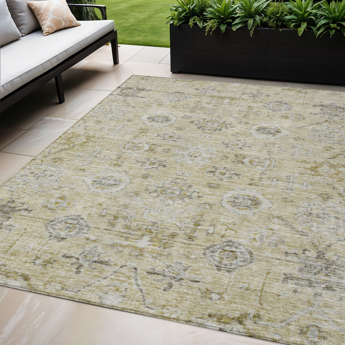 5' X 8' Beige And Gray Damask Washable Indoor Outdoor Area Rug