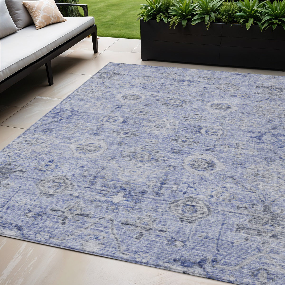 5' X 8' Blue And Gray Damask Washable Indoor Outdoor Area Rug