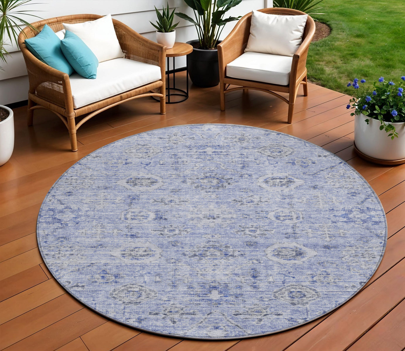 8' Blue And Gray Round Damask Washable Indoor Outdoor Area Rug