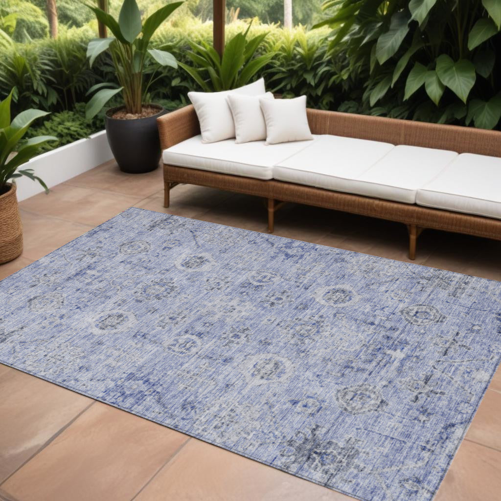 10' X 14' Blue And Gray Damask Washable Indoor Outdoor Area Rug