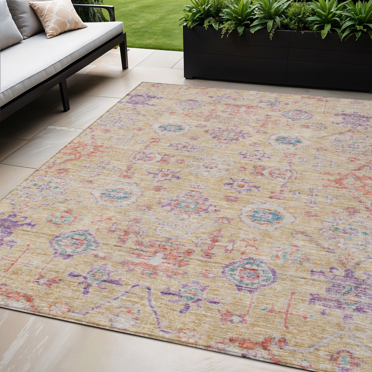 5' X 8' Orange Purple And Teal Blue Damask Washable Indoor Outdoor Area Rug