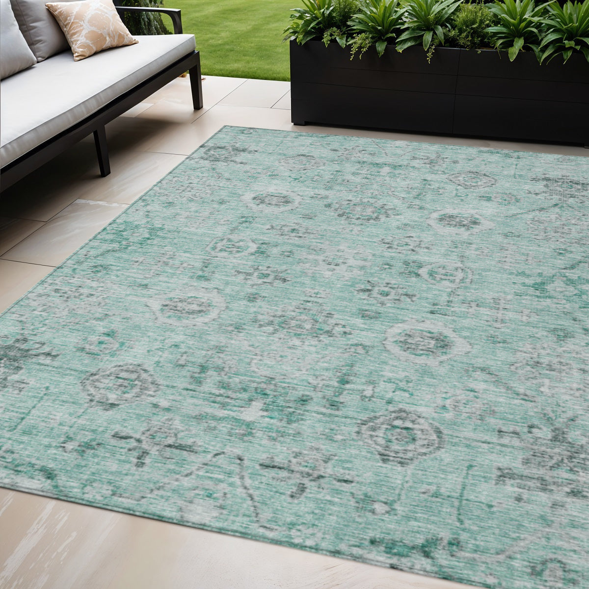 5' X 8' Teal Blue Ivory And Gray Damask Washable Indoor Outdoor Area Rug