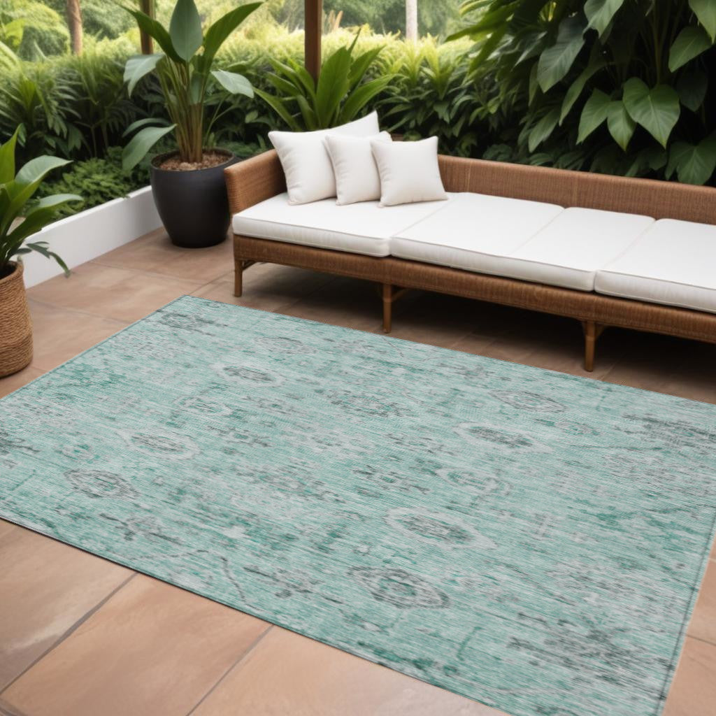 9' X 12' Teal Blue Ivory And Gray Damask Washable Indoor Outdoor Area Rug