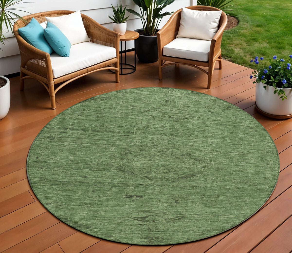 8' Fern Green And Dark Green Round Floral Washable Indoor Outdoor Area Rug