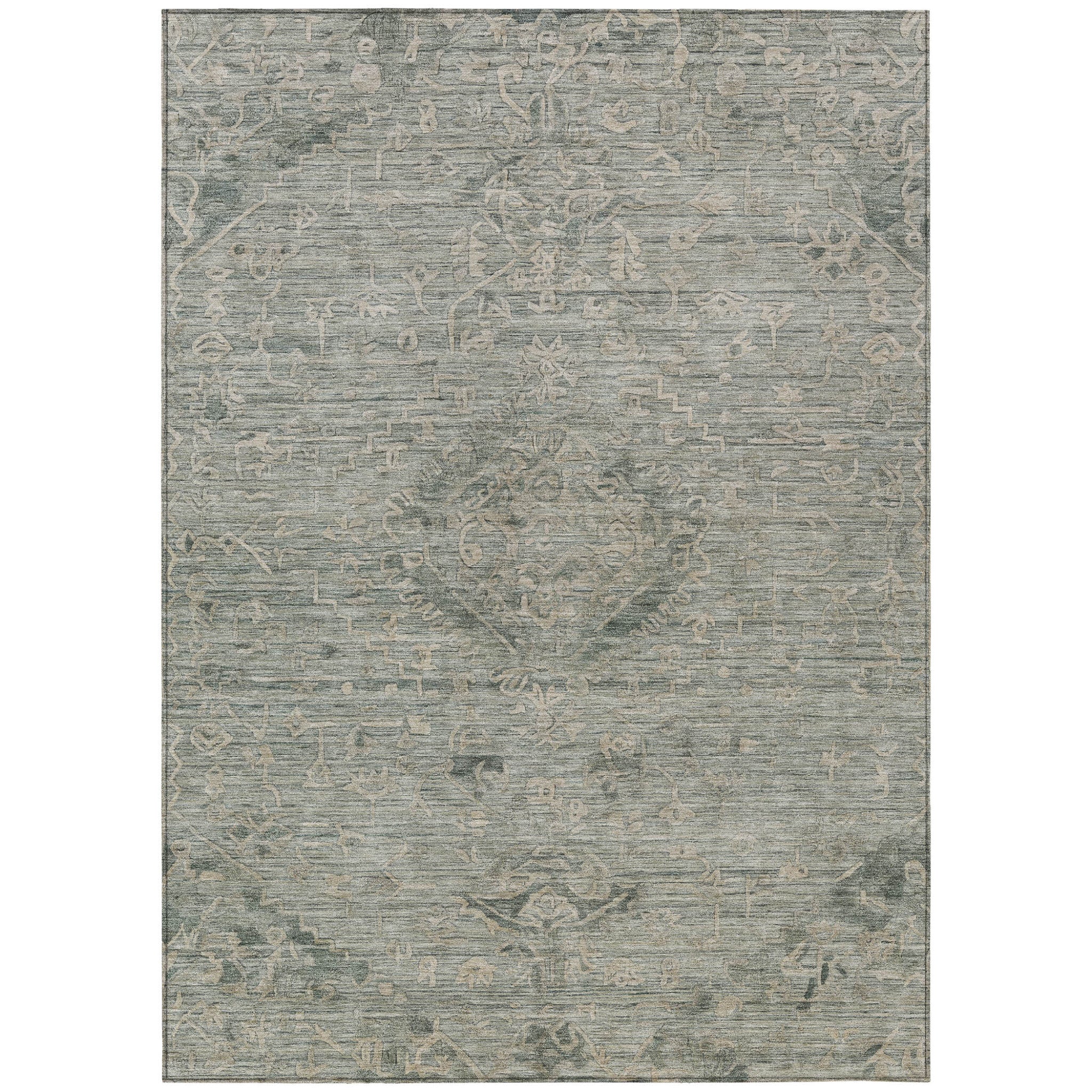3' X 5' Sage And Beige Floral Washable Indoor Outdoor Area Rug