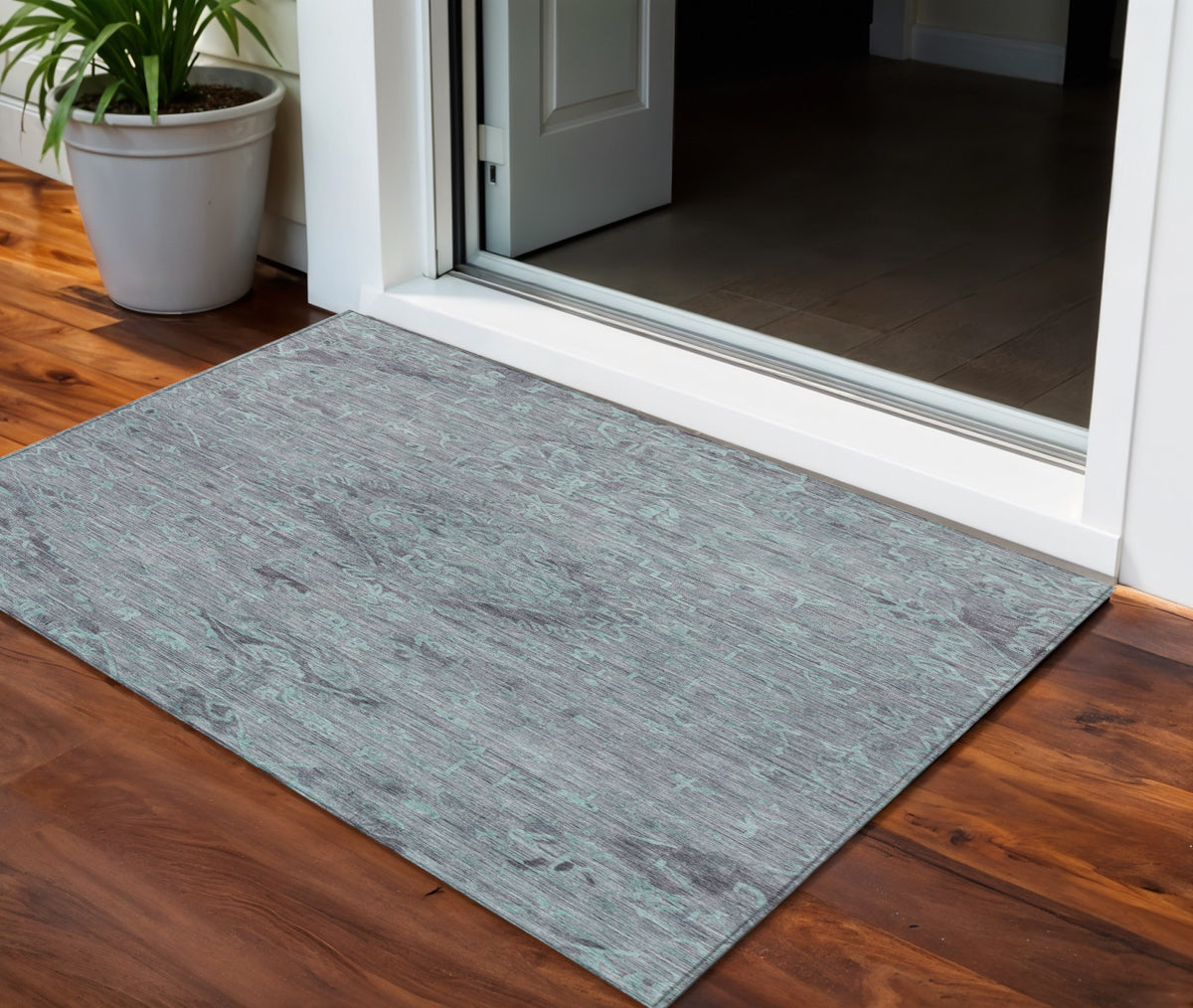 3' X 5' Teal Blue And Gray Floral Washable Indoor Outdoor Area Rug