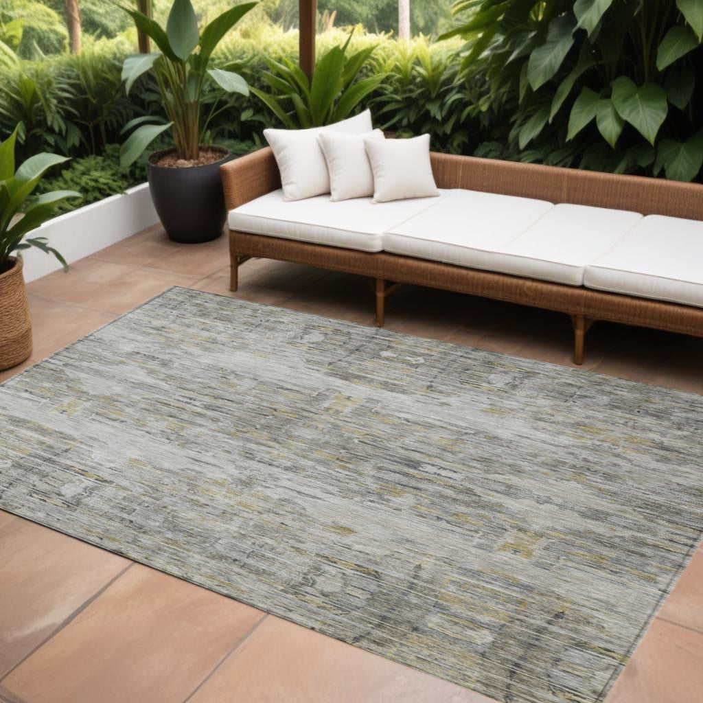9' X 12' Gray Charcoal And Gold Abstract Washable Indoor Outdoor Area Rug